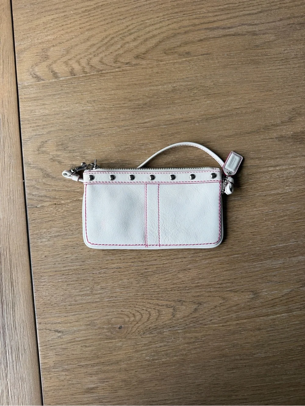 Coach White Leather Wristlet with Pink and Red Heart Applique
